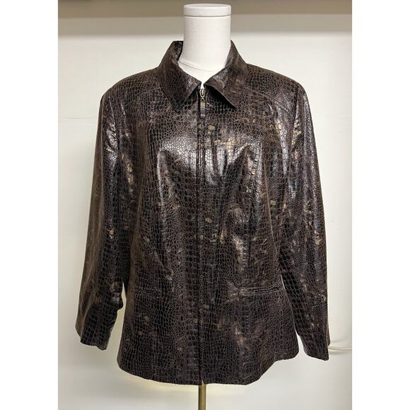 Womens Kim Rogers Jacket PL Brown Reptile Zippered Collared Faux Pockets - Picture 1 of 12